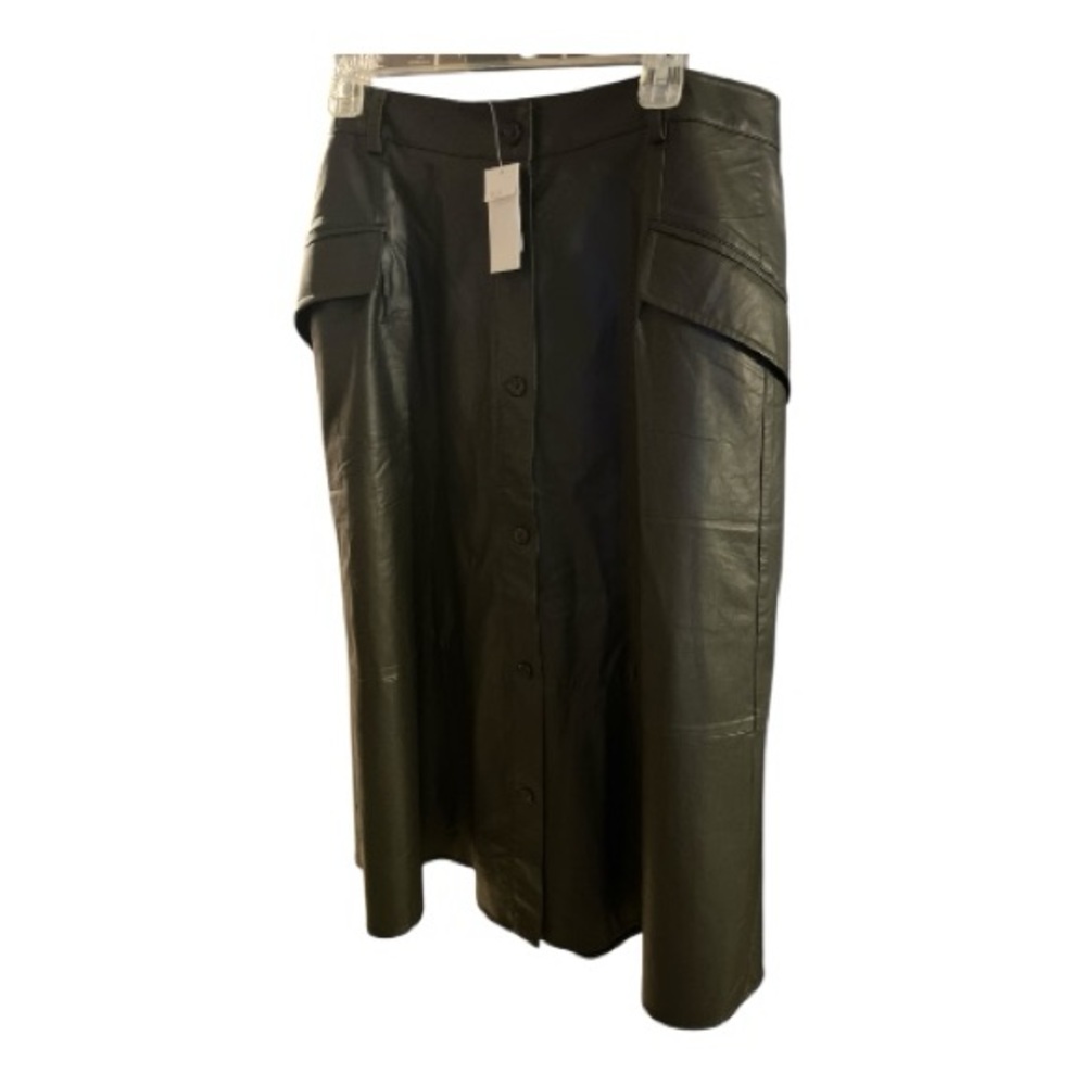 Banana Republic Olive Green Faux Leather Midi Skirt with Button Detail NWT - Picture 4 of 6
